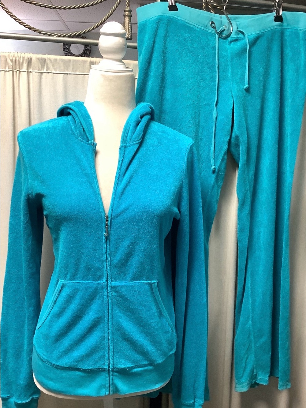 Juicy Couture 90s Turquoise Zip Hoodie M Lounge Pants 38 x 31 L